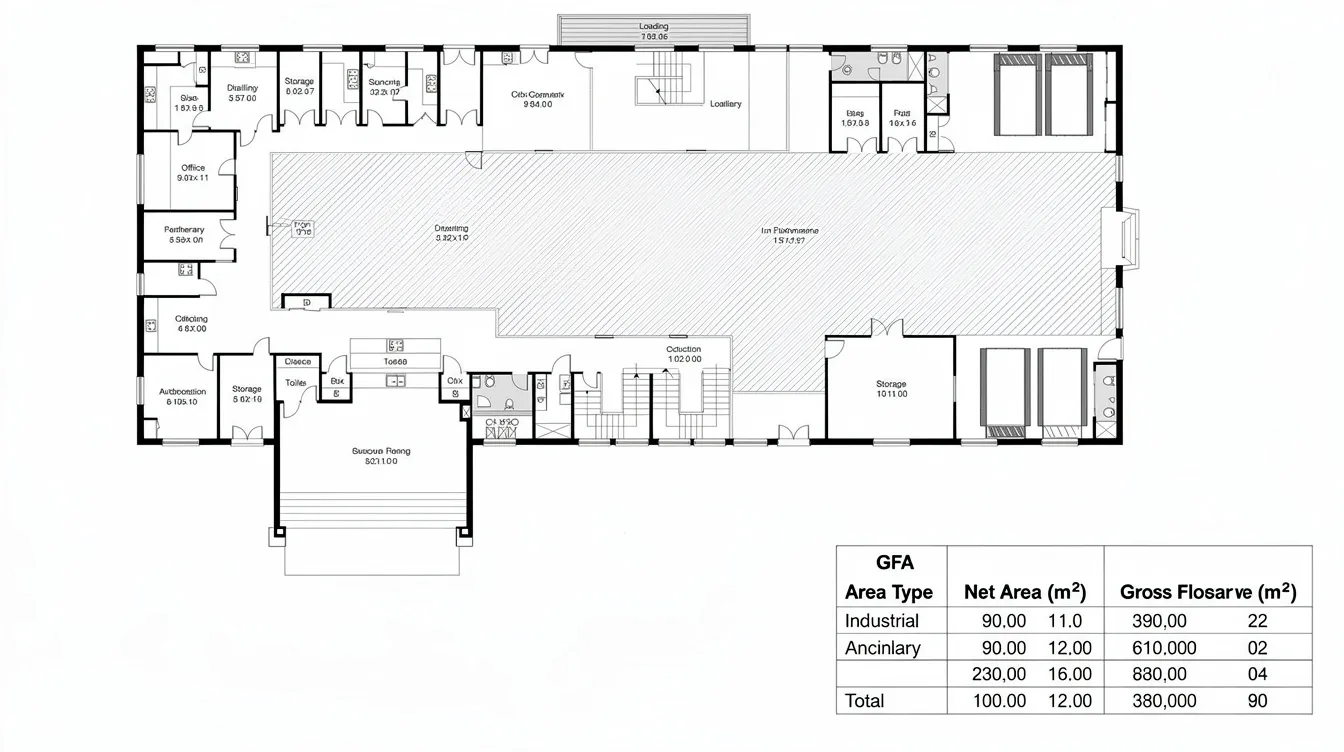The image depicts a detailed floor plan featuring a breakdown table in the corner that outlines the gross floor area (GFA) calculations for both industrial and ancillary spaces. This layout is essential for ensuring compliance with JTC submission requirements and obtaining the necessary approvals from relevant authorities.