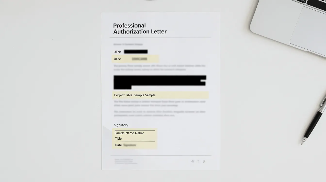 The image features a redacted authorization letter with key fields highlighted, including the Unique Entity Number (UEN), project title, and signatory block. This document is crucial for JTC submissions and obtaining necessary approvals from relevant authorities for urban redevelopment projects.