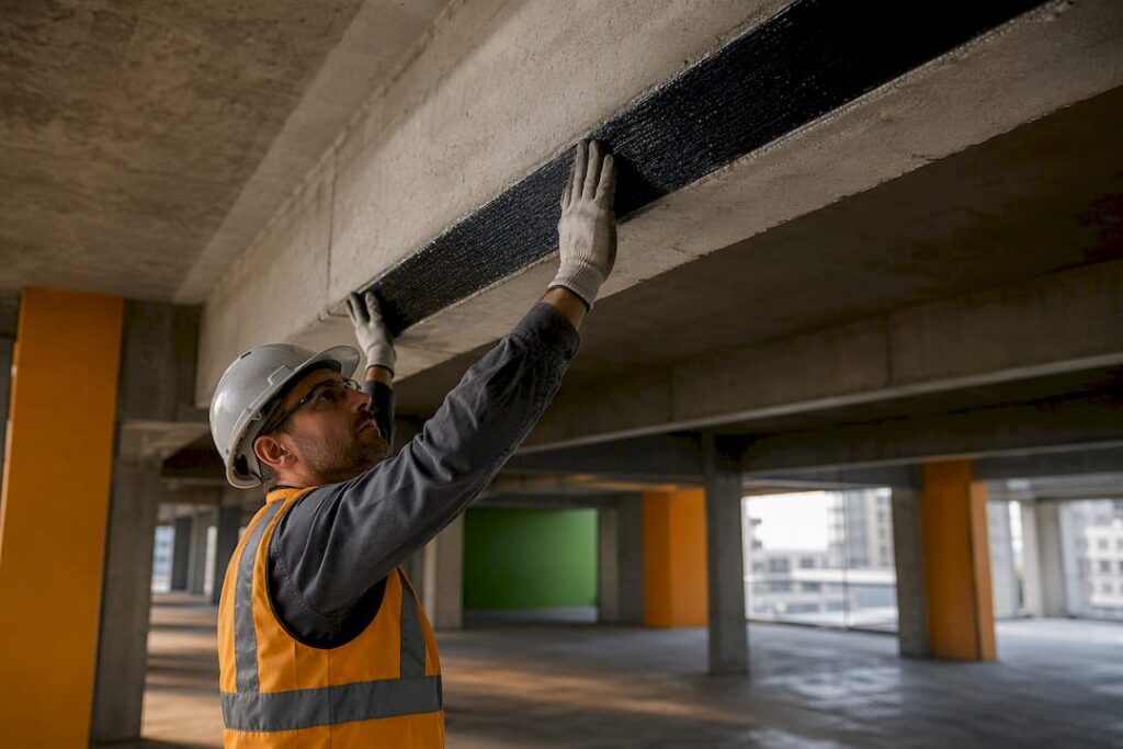 Engineer installing FRP laminate beneath concrete beam