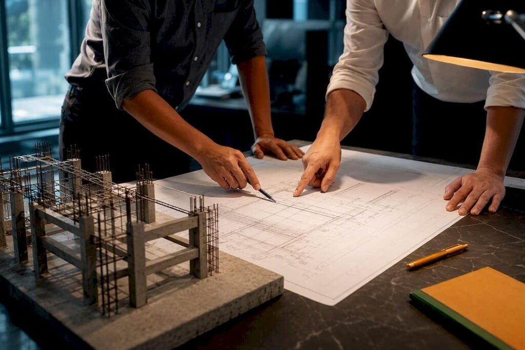 Independent engineers reviewing structural design
