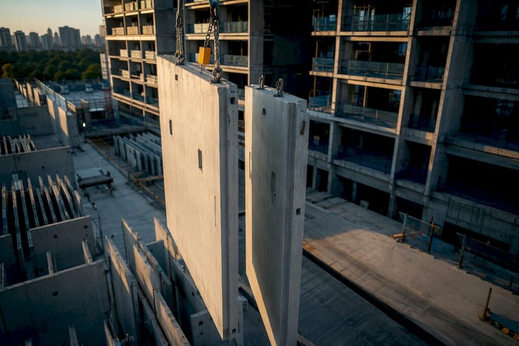 Precast panels lifted beside Singapore tower