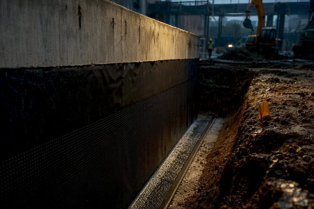 Basement retaining wall with waterproof membrane