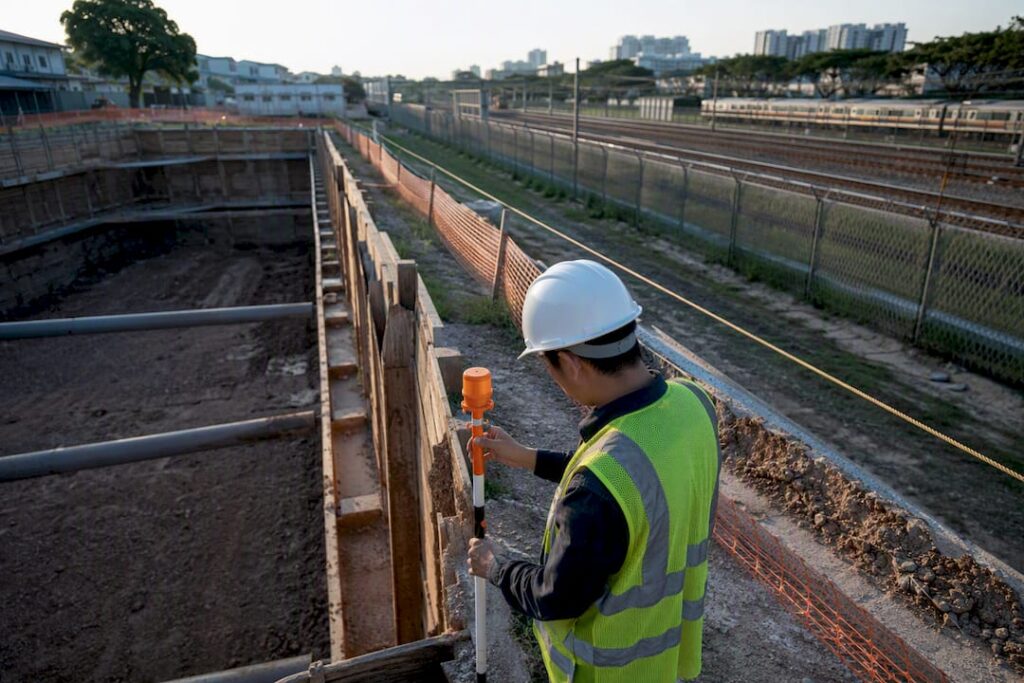 Surveyor marking railway protection boundary