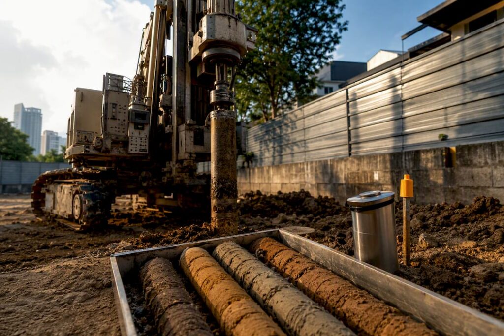 Geotechnical rig extracting soil core sample