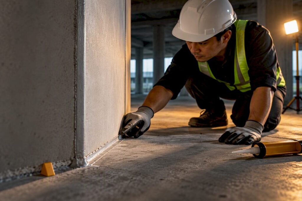 Fire-rated wall meeting concrete slab on site