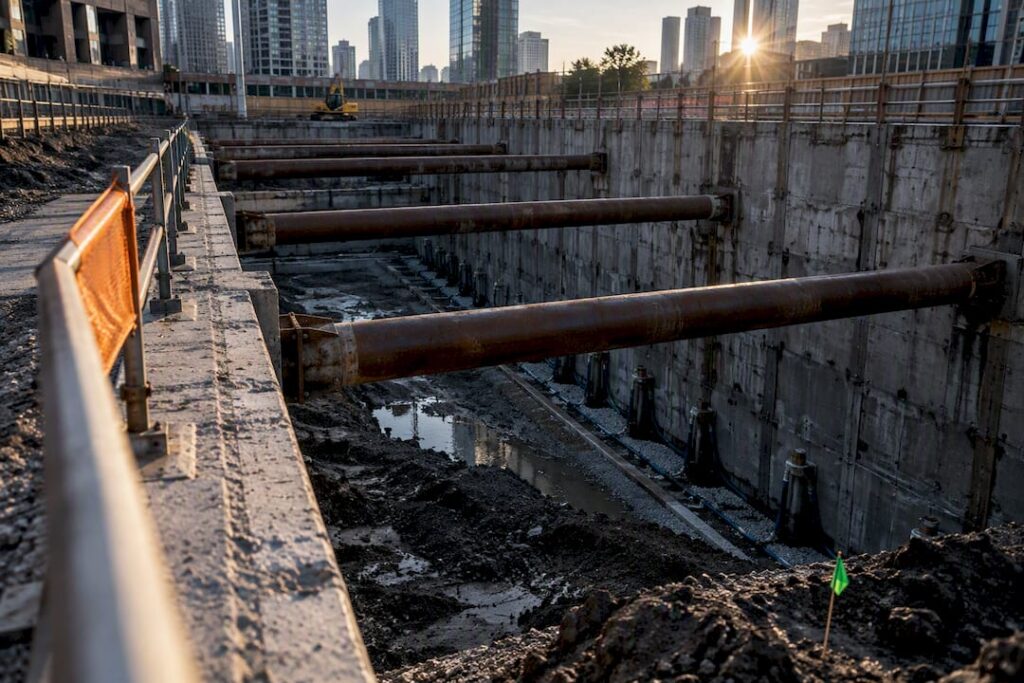 Braced deep excavation with retaining walls