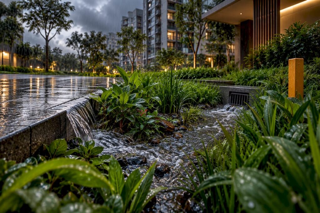Singapore rain garden managing stormwater runoff