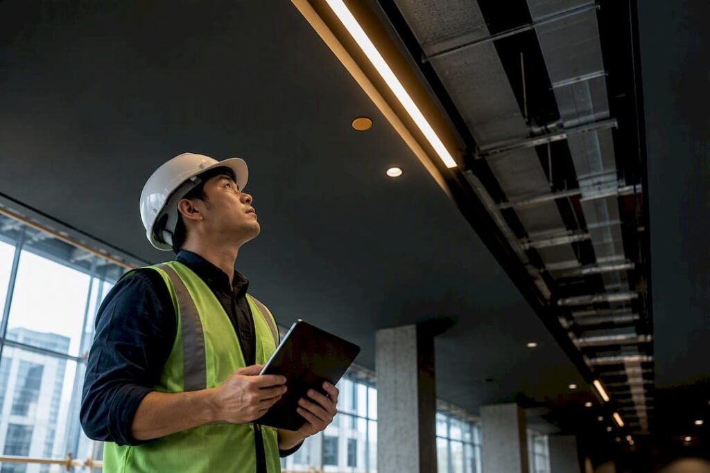 Engineer inspecting coordinated ceiling lighting installation