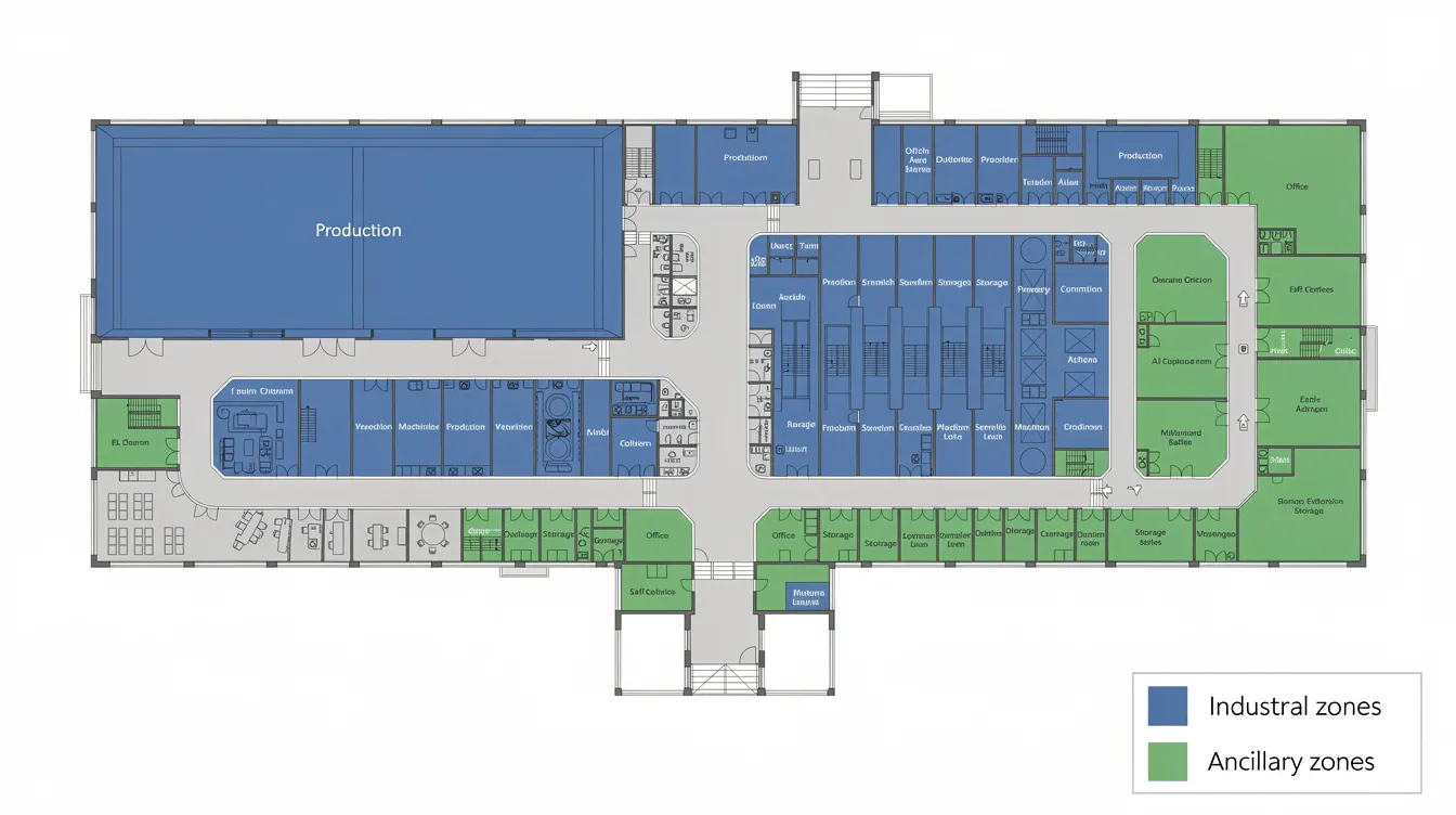 The image is a floor plan diagram that illustrates a factory layout, with industrial zones highlighted in blue and ancillary zones marked in green. This visual representation aids in understanding the allocation of industrial space and approved uses within the industrial premises, relevant for compliance with guidelines from agencies such as the Urban Redevelopment Authority and the National Environment Agency.