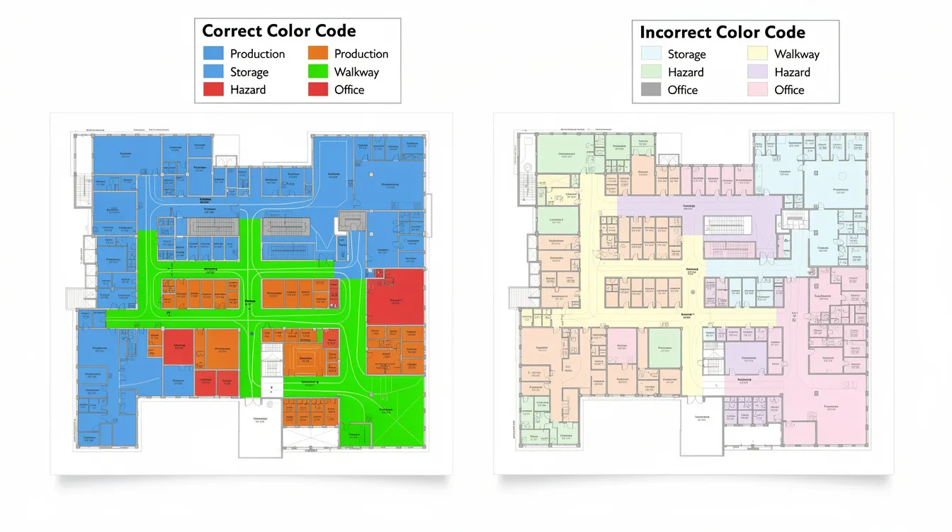 This image features a side-by-side comparison of correctly and incorrectly color-coded industrial floor plans, highlighting the importance of adhering to JTC submission requirements and guidelines. The correctly coded plan demonstrates proper layout and compliance with relevant authorities, while the incorrectly coded plan illustrates common mistakes that could lead to immediate rejection of a submission.