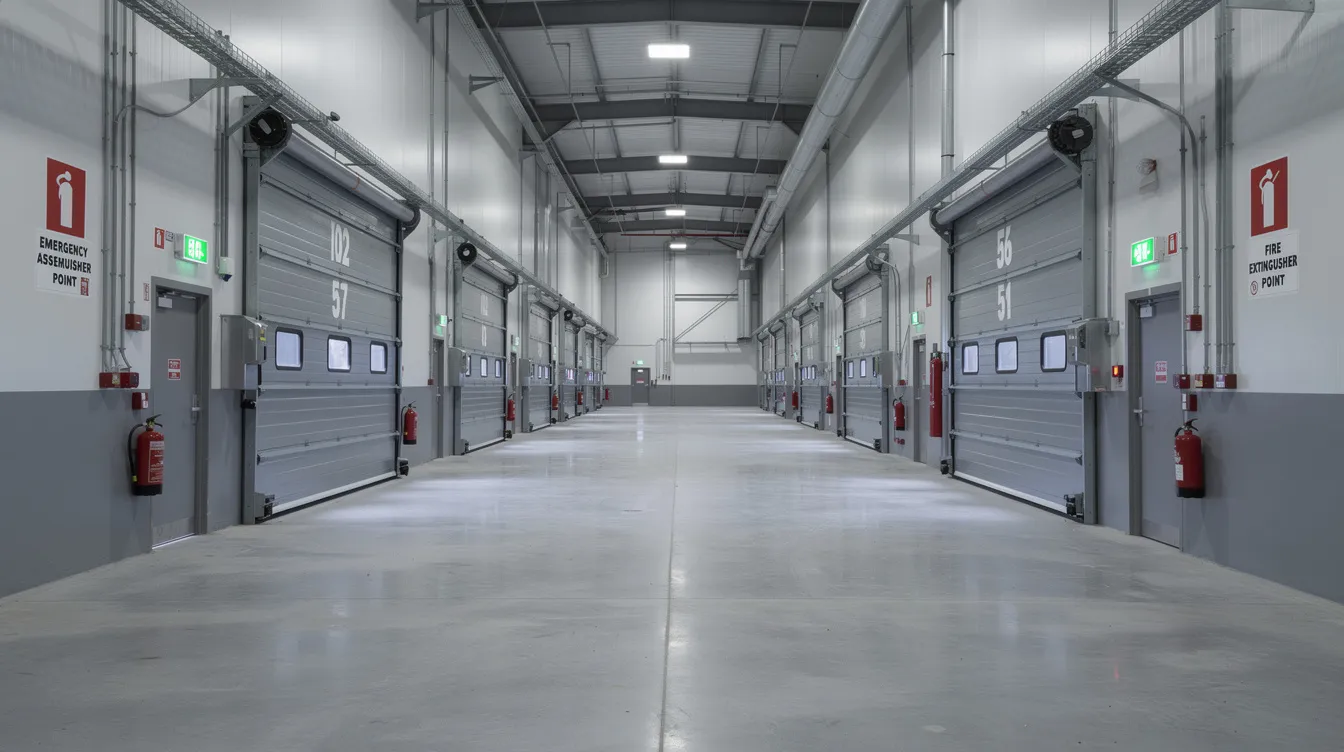 The image depicts a wide industrial corridor featuring multiple unit entrances, with clear fire safety signage displayed along the walls, indicative of a space designed for industrial use. This corridor likely accommodates various businesses within a multiple user factory setting, emphasizing safety and accessibility.
