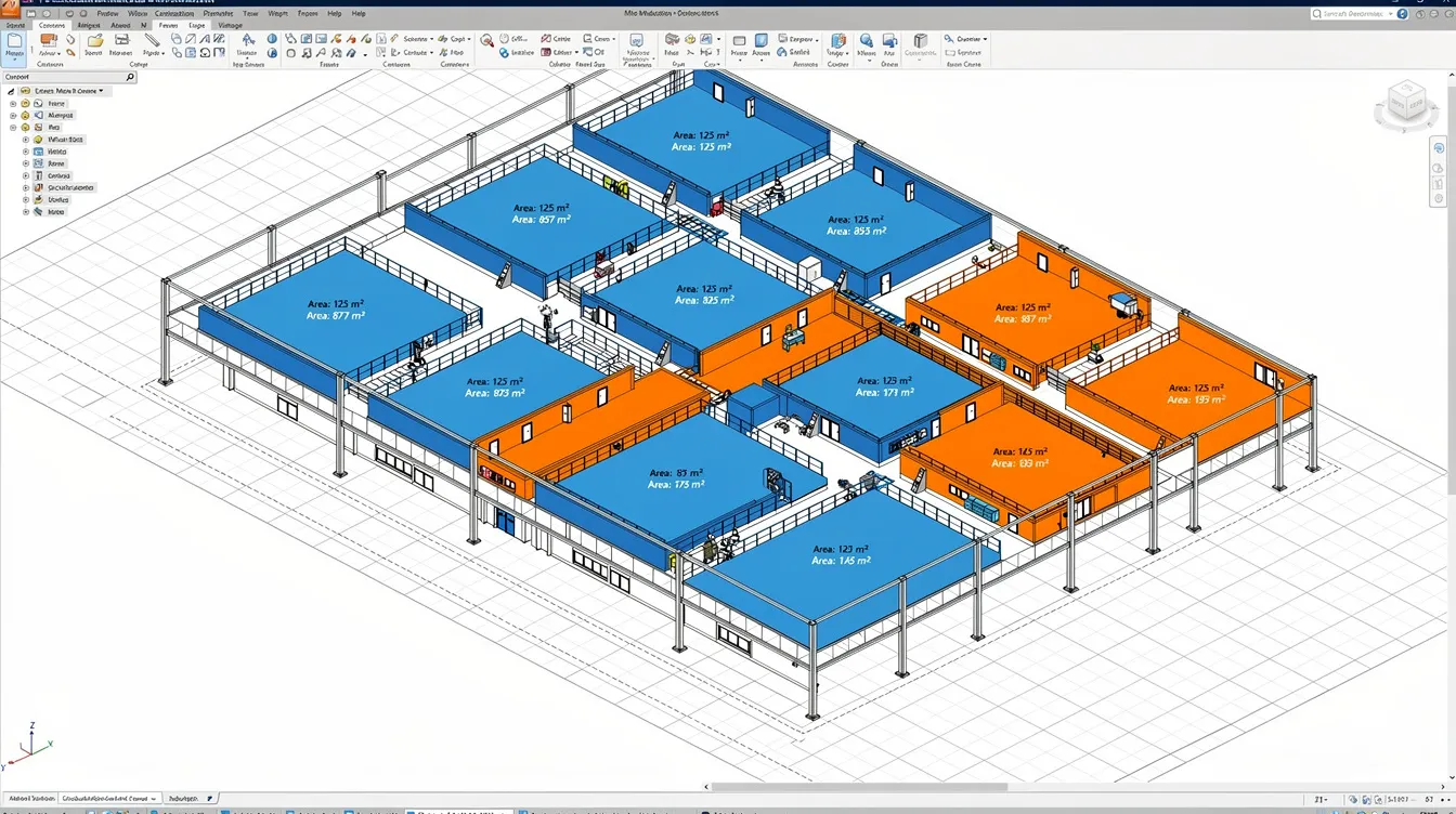 The image depicts a BIM model view showcasing colour-coded zones, with production areas highlighted in blue and ancillary office spaces in orange, along with embedded area parameters. This visual representation is essential for project teams to navigate the regulatory approvals process, including jtc plan consent and compliance with the Urban Redevelopment Authority and Building and Construction Authority in Singapore.
