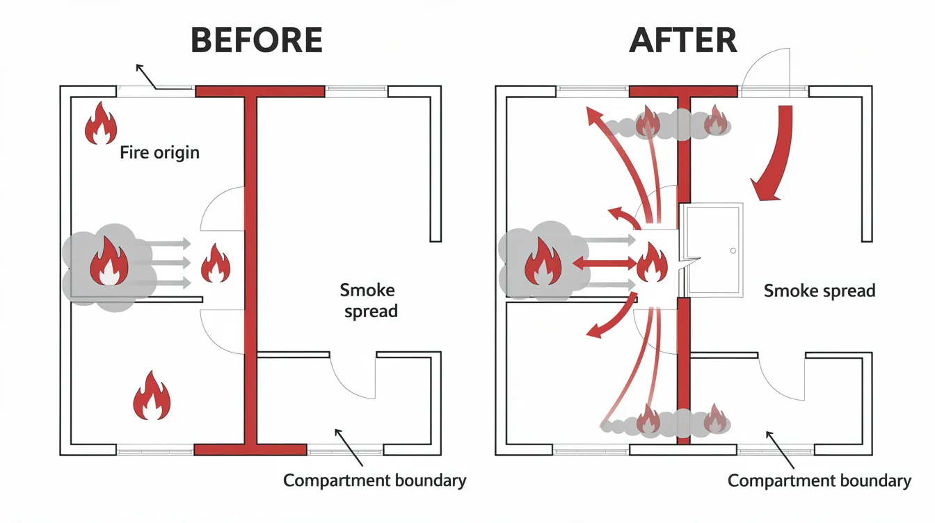 The image depicts a before-and-after compartmentation diagram illustrating the impact of a newly created opening in a fire-rated wall on the pathways for fire and smoke spread. This visual emphasizes the importance of effective fire safety measures and compliance with fire safety regulations to ensure occupant safety and proper fire protection in building design.