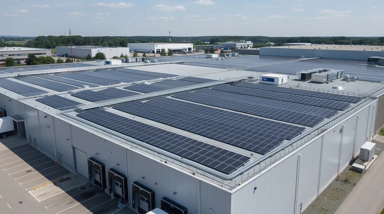 The image shows a rooftop covered with solar panels on an industrial factory building, highlighting the integration of renewable energy in urban settings. This installation reflects the ongoing efforts in urban redevelopment and facility management to comply with environmental standards and relevant authorities' guidelines.