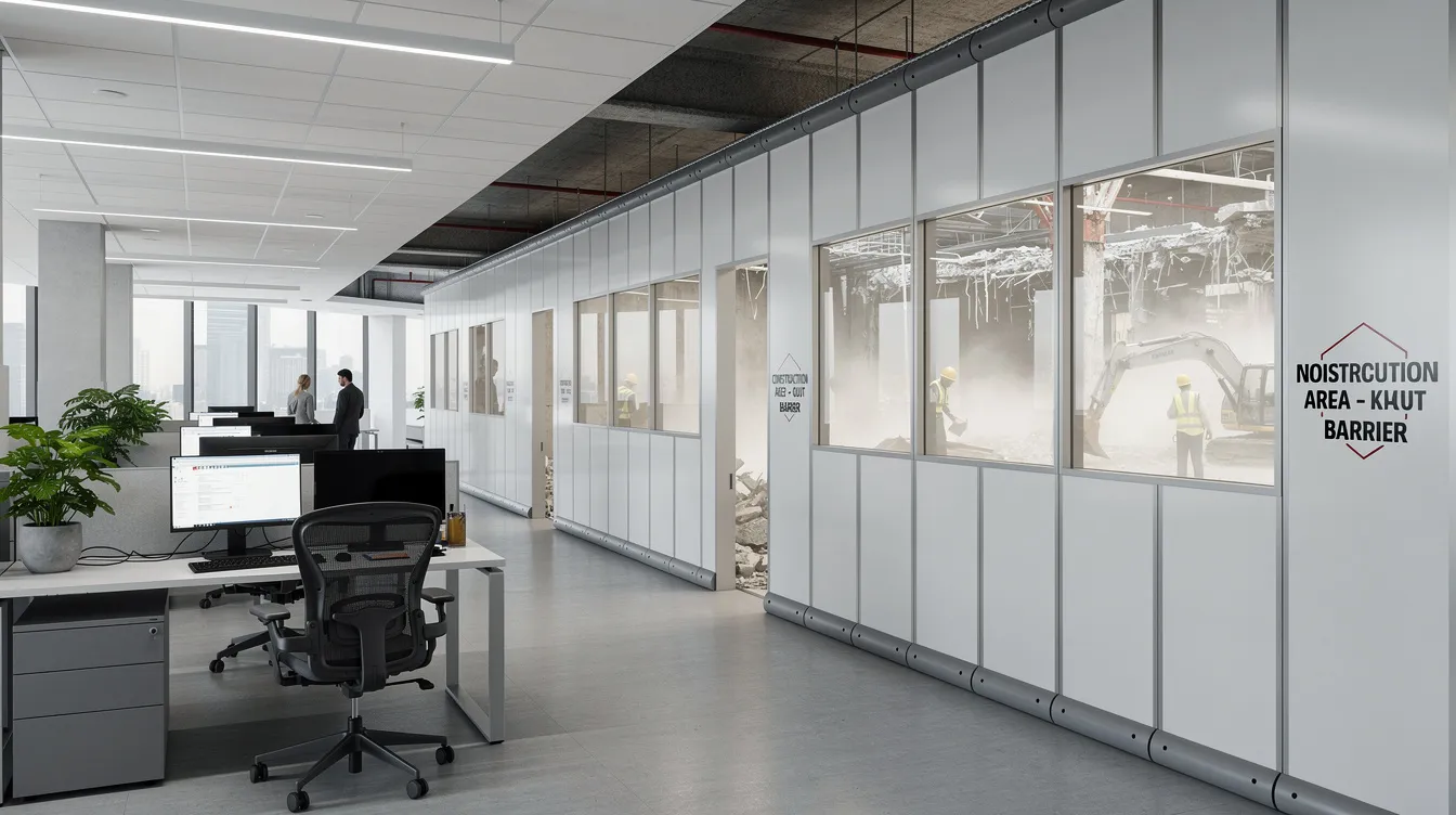The image depicts an acoustic barrier installed around a demolition zone within an occupied office building, highlighting workplace safety measures to minimize excessive noise caused by construction work. This setup ensures compliance with regulations that protect the health and well-being of employees and residents in affected buildings.