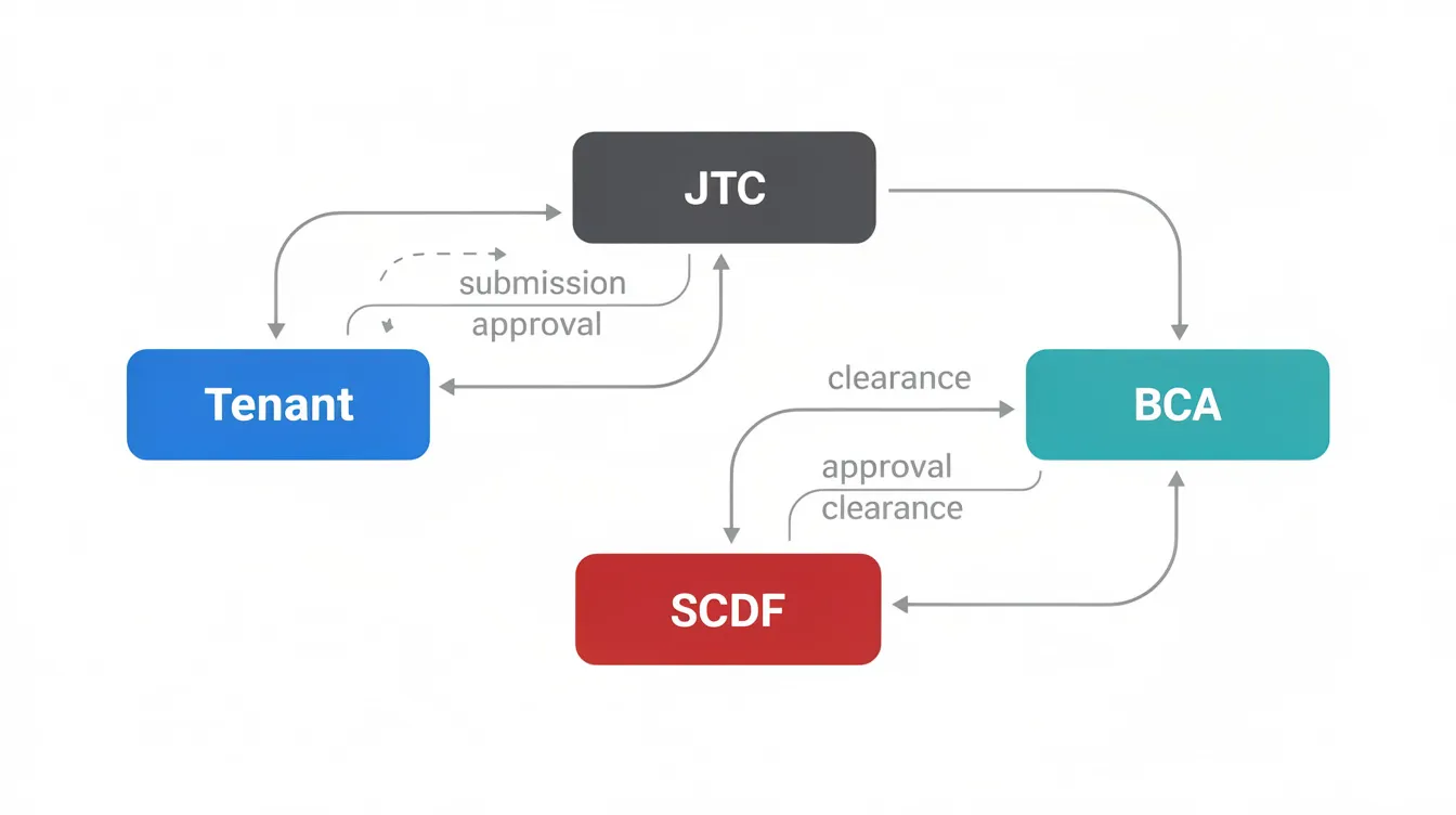 The diagram illustrates the authority relationships in the industrial Addition and Alteration (A&A) submission workflow, highlighting the roles of JTC, SCDF, BCA, and tenants. It emphasizes the importance of fire safety compliance and the regulatory requirements necessary for obtaining fire safety certificates and ensuring effective fire protection systems in building design.