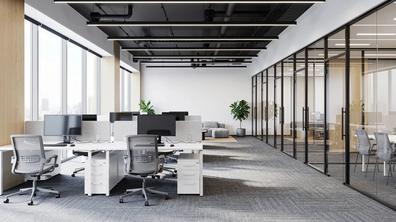 The image depicts a modern open-plan commercial office interior featuring sleek glass partitions and contemporary ceiling lighting, designed to enhance collaboration and communication within the workspace. This design aligns with urban redevelopment authority standards, emphasizing the importance of building plan submissions and compliance with the building control regulations for a functional and aesthetically pleasing environment.