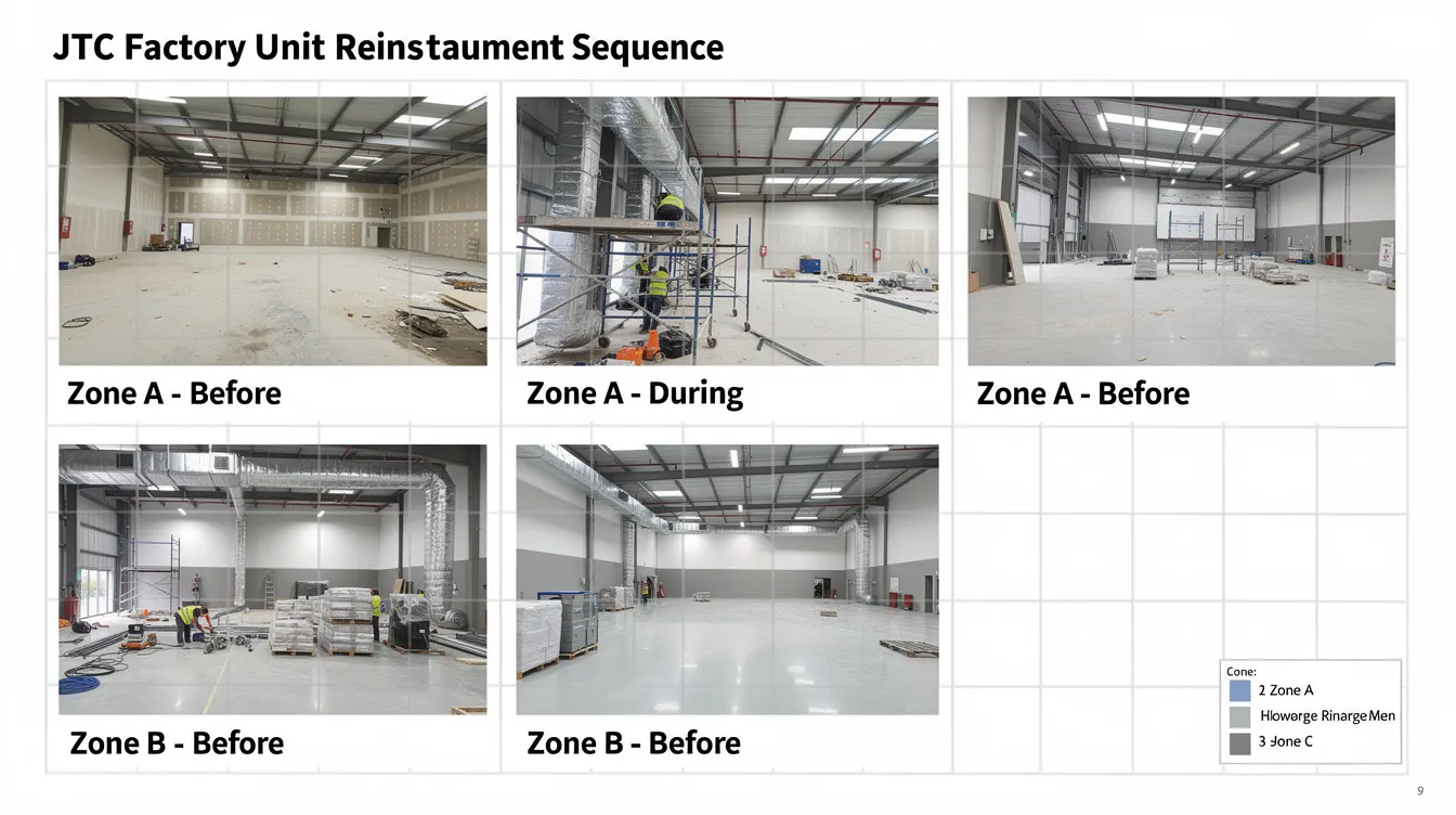 The image features an annotated grid showcasing before, during, and after photos of reinstatement works for a JTC factory unit, with each photo tagged by zone reference. This visual documentation highlights the reinstatement process phases required to comply with lease expiry requirements, emphasizing the importance of proper documentation and adherence to the tenancy agreement.