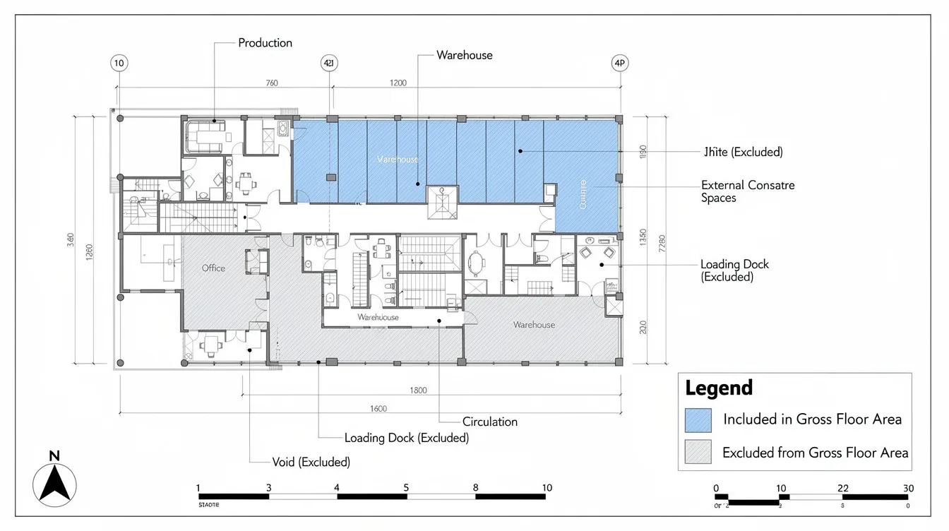 The image displays an annotated industrial floor plan, highlighting areas included and excluded from the gross floor area (GFA) calculation, which is essential for understanding land betterment charges (LBC) and compliance with the Singapore Land Authority's regulations. The annotations provide clarity on how different sections of the building relate to development proposals and applicable charges.