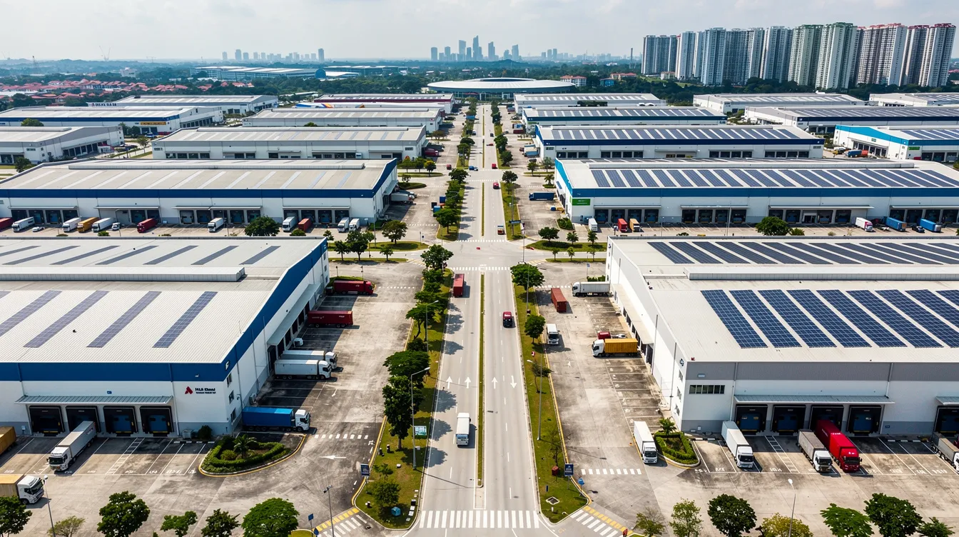 An aerial view of an industrial park in Singapore showcases a sprawling layout of warehouses and factory buildings, highlighting the project's complexity and scope. This scene reflects the organized structure necessary for project managers to navigate timelines, plan consents, and JTC approvals for successful project execution.