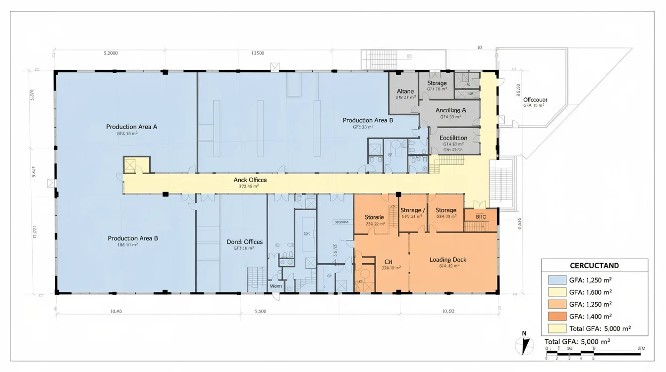 The image depicts an industrial floor plan featuring color-coded zones that clearly delineate production areas and ancillary offices, along with annotations for gross floor area (GFA). This layout is designed to assist project teams in navigating the necessary approvals and regulatory compliance required for plan consent applications, as outlined by agencies like the Urban Redevelopment Authority and the Building and Construction Authority.