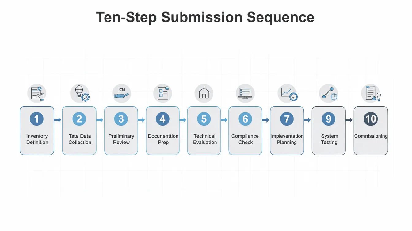 The image is a flowchart illustrating the ten-step submission sequence for managing hazardous substances, starting from inventory definition and leading to commissioning. It outlines the necessary compliance measures and approvals related to environmental protection and safety requirements for handling dangerous goods in JTC facilities.