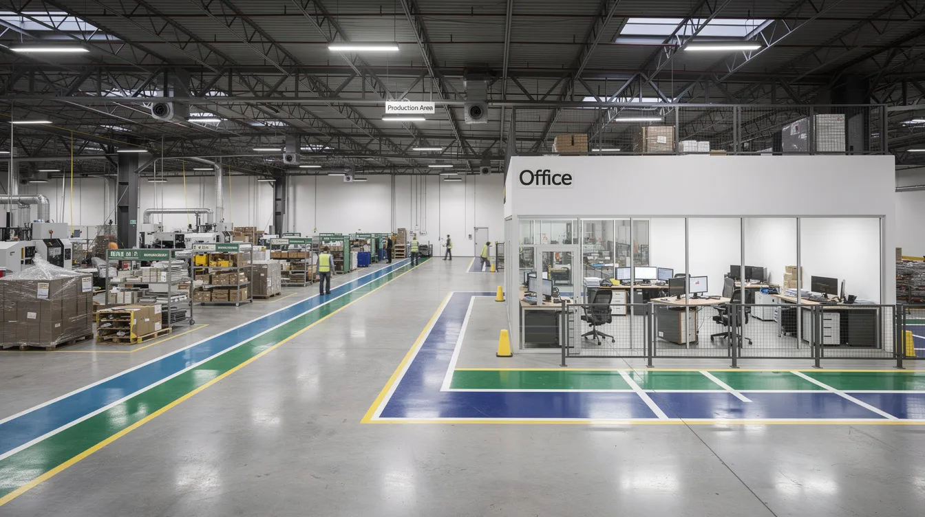 The image depicts the interior of an industrial warehouse featuring clearly marked zones, including a designated production floor and a separated office area. This layout is typical in industrial developments, ensuring efficient use of industrial space while complying with relevant authorities' regulations.