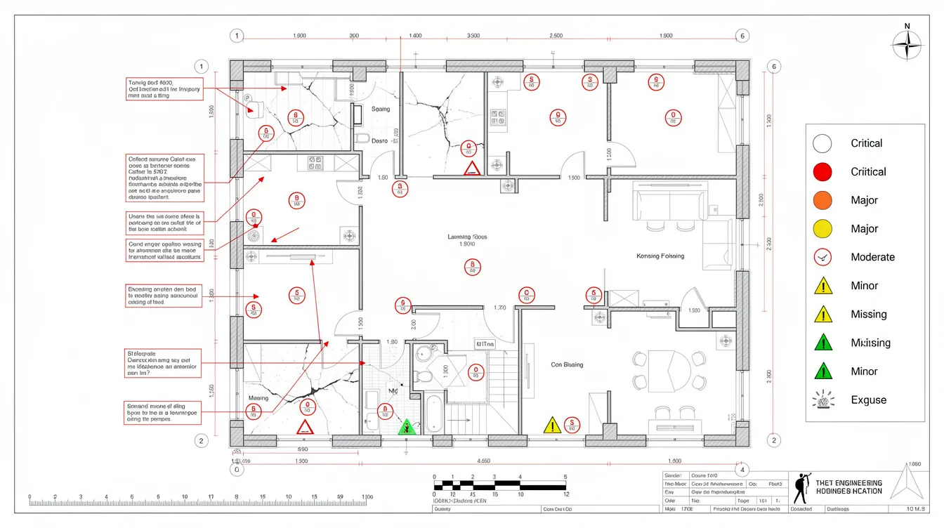 The image depicts an annotated floor plan featuring defect markings and color-coded severity indicators used during a joint inspection. This detailed layout assists in verifying compliance with relevant technical agencies and highlights outstanding issues related to the building's construction and safety systems.