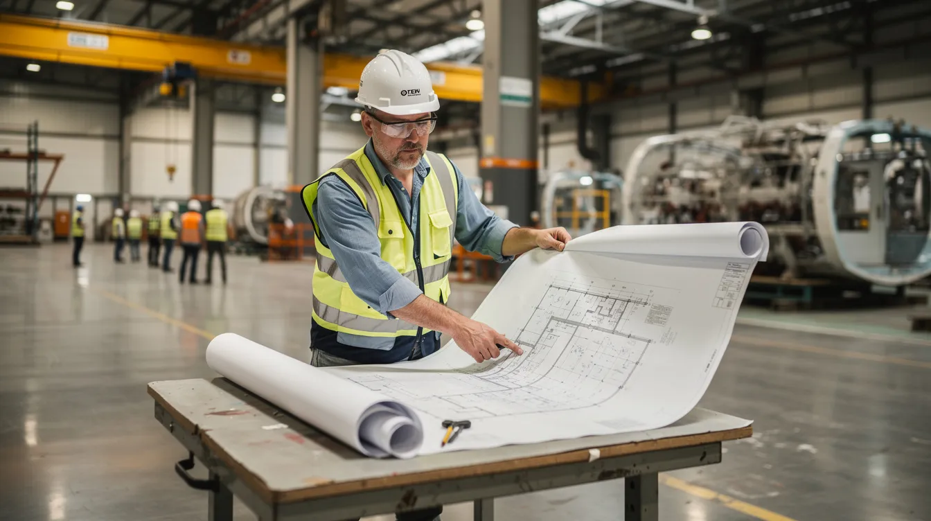 A contractor is seen reviewing architectural plans on a factory floor, surrounded by construction materials and equipment. The plans, which require necessary approvals from relevant authorities such as the urban redevelopment authority and the building and construction authority, detail the proposed works for the facility management of the site.
