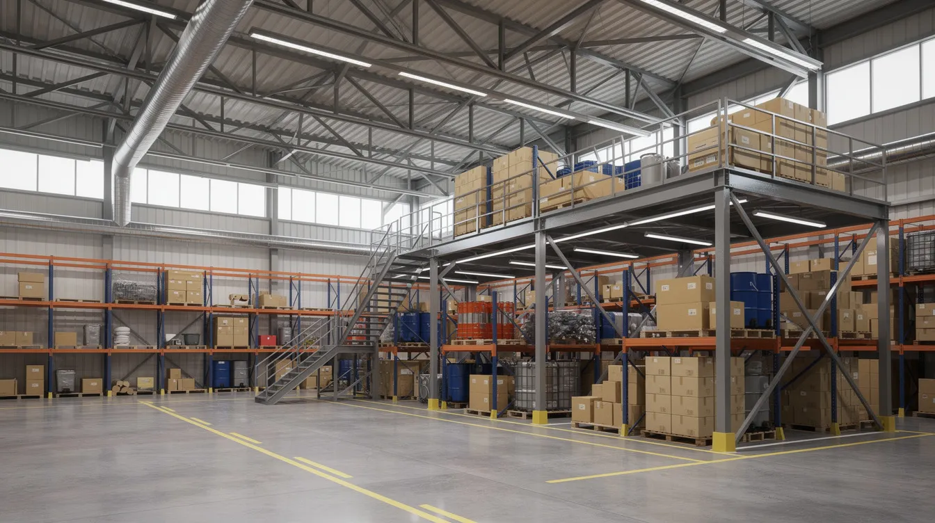 The image depicts the interior of an industrial building featuring a steel mezzanine platform and extensive warehouse racking, typical of factory units. This layout is designed to optimize space for storage and operations, aligning with the legal framework of commercial leases and landlord-tenant relationships.