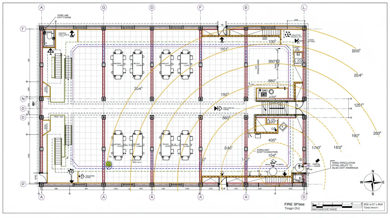 The image depicts a plan view of an industrial mezzanine layout, highlighting machine positions, escape staircase locations, and designated forklift routes. Arcs indicating travel distances from the most remote points to the nearest exits are also shown, emphasizing the importance of fire safety and structural integrity in the mezzanine floor construction.
