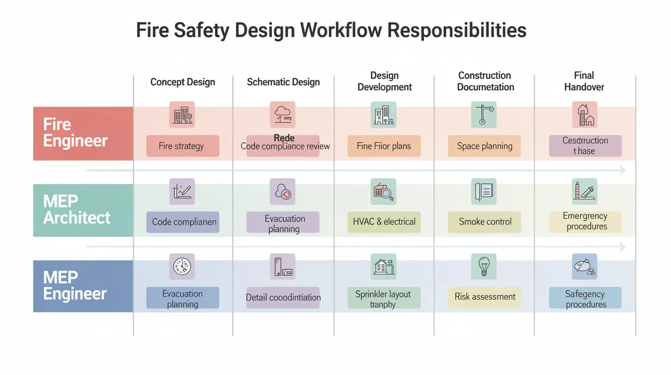The image is a swimlane process diagram that outlines the responsibilities of various professionals, including a fire engineer, architect, MEP engineer, and safety manager, across six key workflow steps related to fire safety compliance. It visually represents how these roles collaborate to ensure adherence to fire safety regulations and effective fire safety measures in building design and planning.