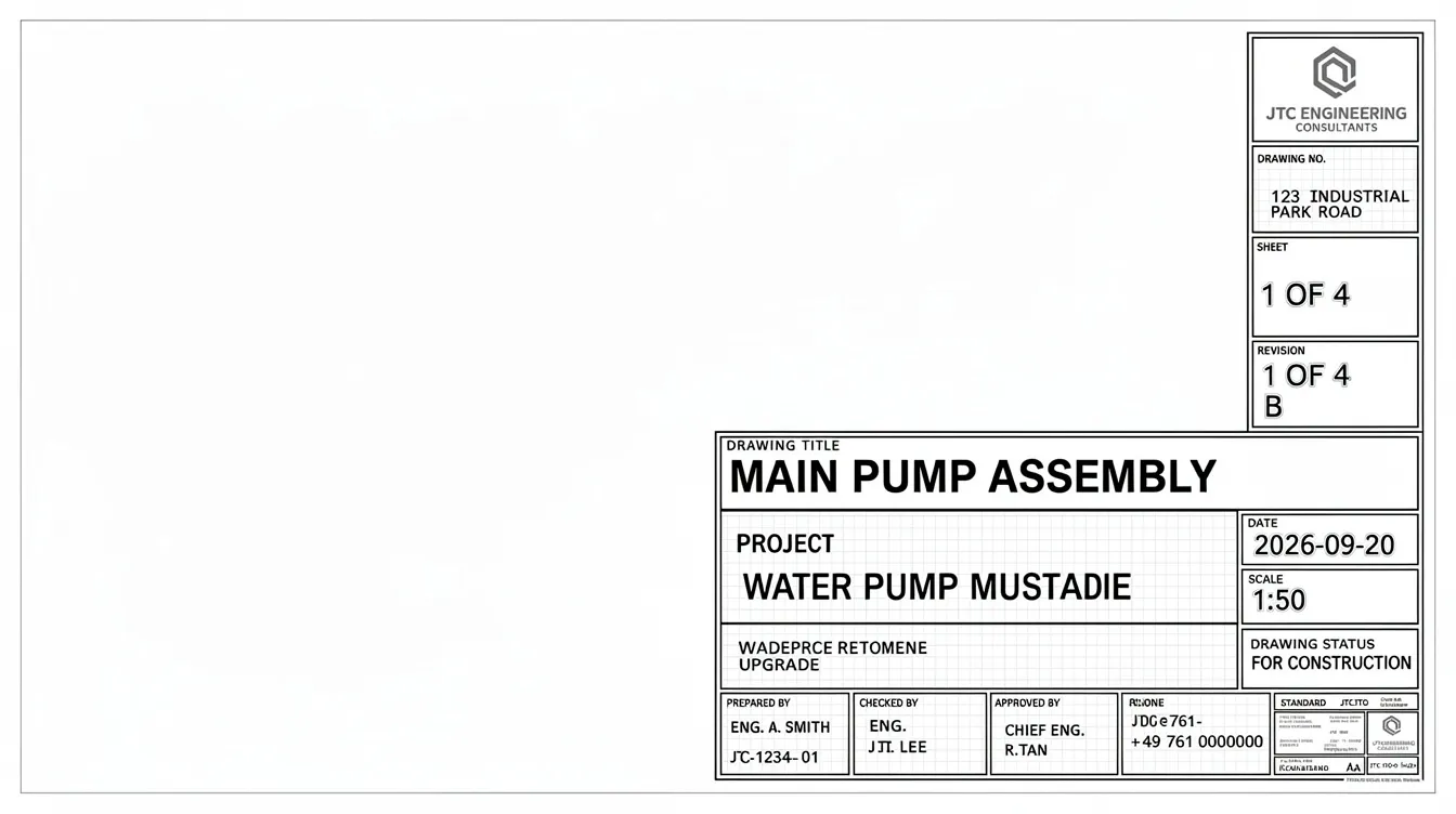 The image features an annotated drawing title block that includes labeled fields, clearly displaying complete JTC-compliant information such as project title, layout plans, and necessary approvals. This detailed representation serves as a guide for urban redevelopment authority submissions, highlighting essential elements for obtaining plan consent and ensuring compliance with JTC guidelines.