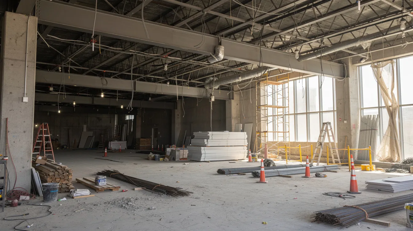 The image depicts the interior of a construction site undergoing renovation, showcasing exposed structural beams and concrete columns, highlighting the ongoing building works. This environment emphasizes the importance of compliance with the building control regulations and the role of qualified persons (QPs) in ensuring structural integrity and safety during the construction process.