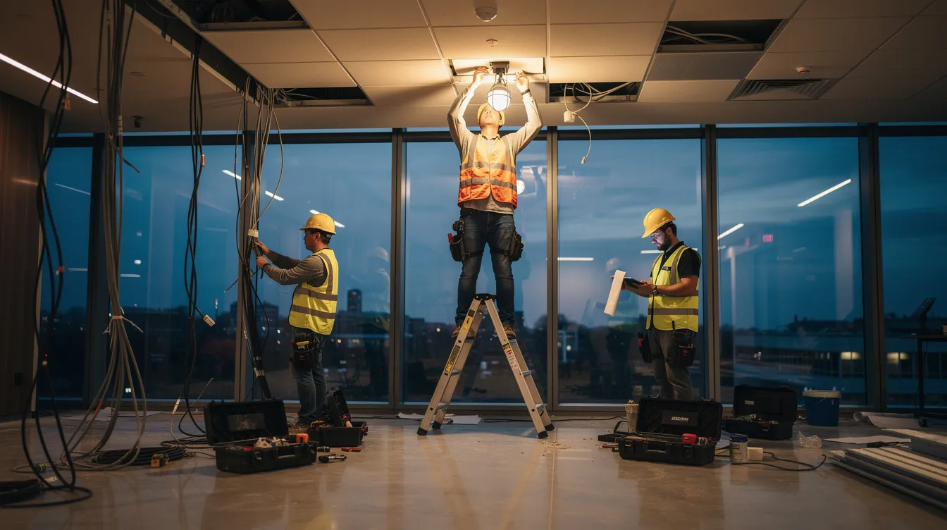 In the image, workers are quietly conducting installation tasks in a commercial building during evening hours, ensuring compliance with workplace safety regulations and maintaining maximum permissible noise levels. The scene reflects a well-organized environment where employees are focused on their manual labor while adhering to the guidelines for minimal disruption to nearby residential buildings.