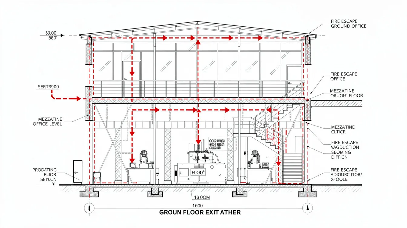 The image depicts an annotated building section drawing illustrating a mezzanine office level situated above a ground-floor production area, with clearly marked fire escape routes. This layout is relevant for understanding the use of industrial space in compliance with fire safety regulations and the requirements set by relevant authorities.