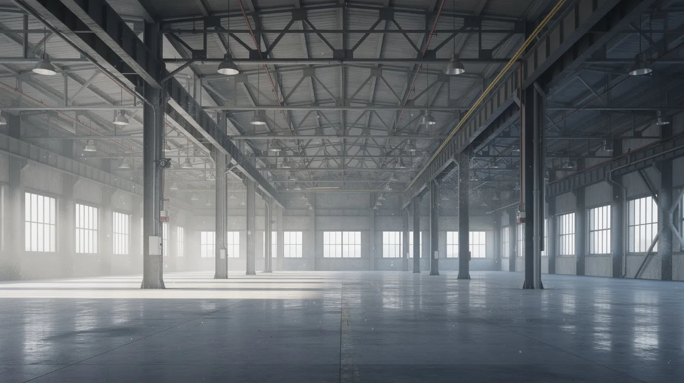 The image depicts the interior of a large industrial building characterized by exposed structural beams and columns, creating an expansive and open warehouse space. This layout is ideal for various industrial projects, allowing for flexibility in the design and use of the area, which may involve submissions for plan consent to relevant authorities.