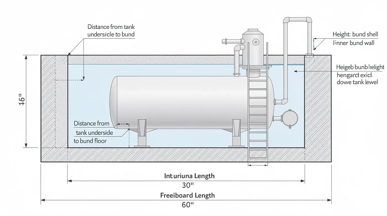 The image is a side-view diagram of a diesel tank installation, illustrating bund walls and a containment area designed for the safe storage of hazardous substances. It includes clearance measurements essential for compliance with environmental protection regulations and safety requirements related to handling dangerous goods.