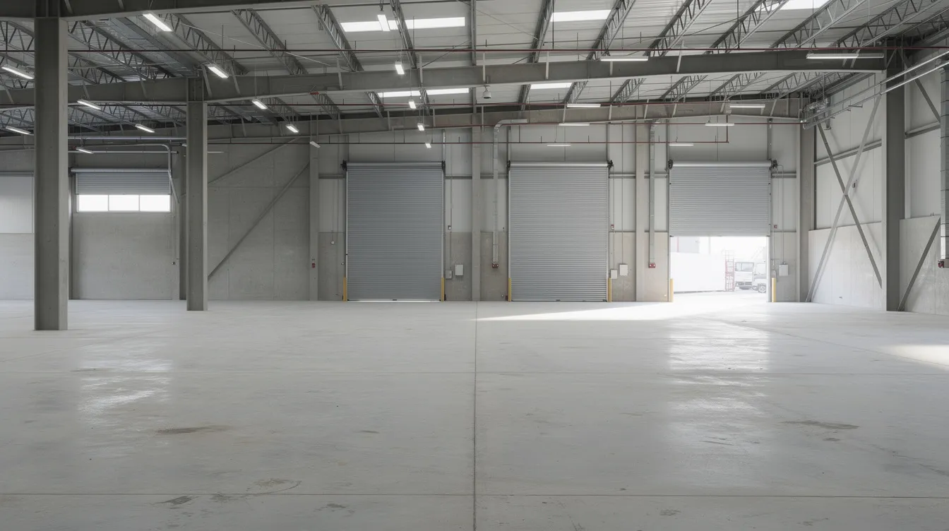 The image depicts the interior of an industrial warehouse, showcasing a bare concrete slab floor and an exposed ceiling with roller shutters. This setting may require reinstatement works as part of the lease agreement process, particularly focusing on compliance with building management and regulatory approvals for commercial tenants.