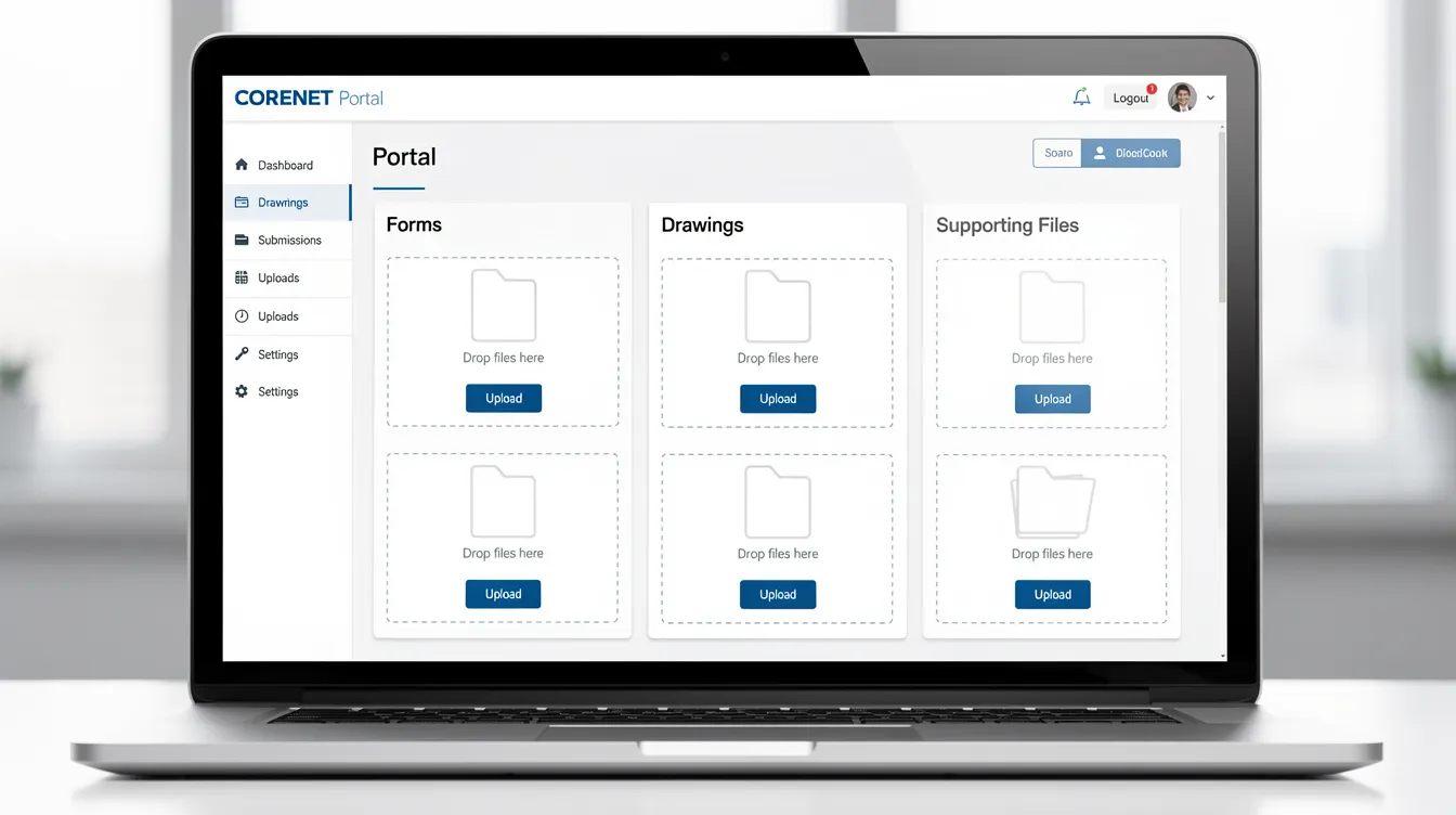 The image displays the CORENET portal's upload screen, featuring categorized slots for submitting various documents such as forms, drawings, and supporting files essential for plan consent applications. This interface is designed to assist project teams in navigating regulatory approvals with relevant agencies, including the Urban Redevelopment Authority and the Building and Construction Authority.