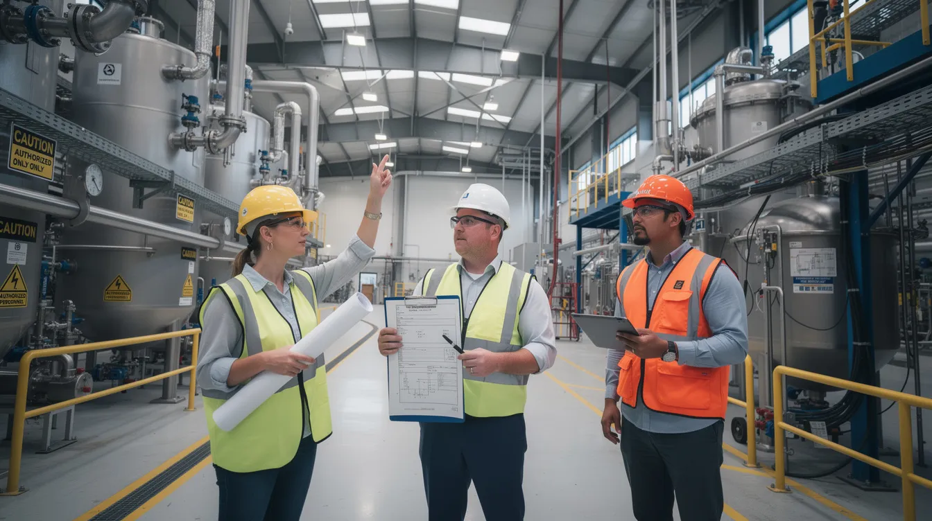 A group of engineers and contractors is conducting a final walkthrough inspection in an industrial facility, ensuring compliance with the relevant authorities and the JTC plan consent process. They are reviewing detailed plans and safety measures to facilitate smooth project execution and avoid delays in obtaining necessary approvals.