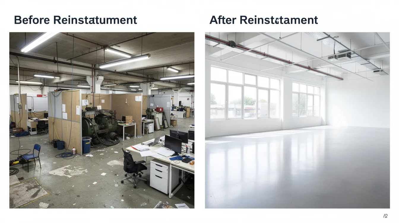 The image shows a side-by-side comparison of a JTC factory unit before and after reinstatement works, highlighting the original condition with partitions and equipment on one side, and the clean open floor plan on the other. This visual representation emphasizes the reinstatement process phase required to meet lease expiry requirements for commercial tenants.