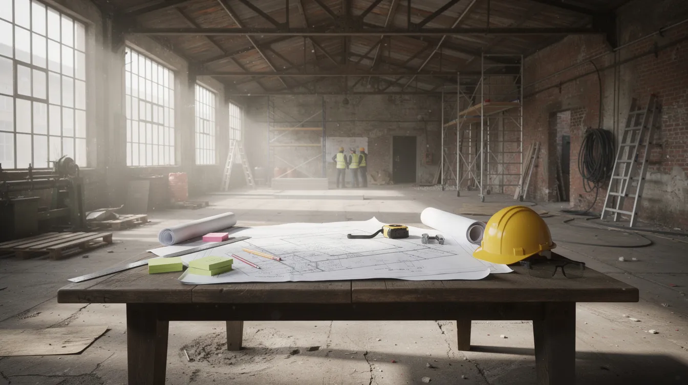 The image depicts the interior of an industrial building, with construction plans laid out on a table, indicating preparations for renovation. This setting highlights the importance of the jtc plan consent process and the necessary approvals from relevant authorities for a smooth project execution.