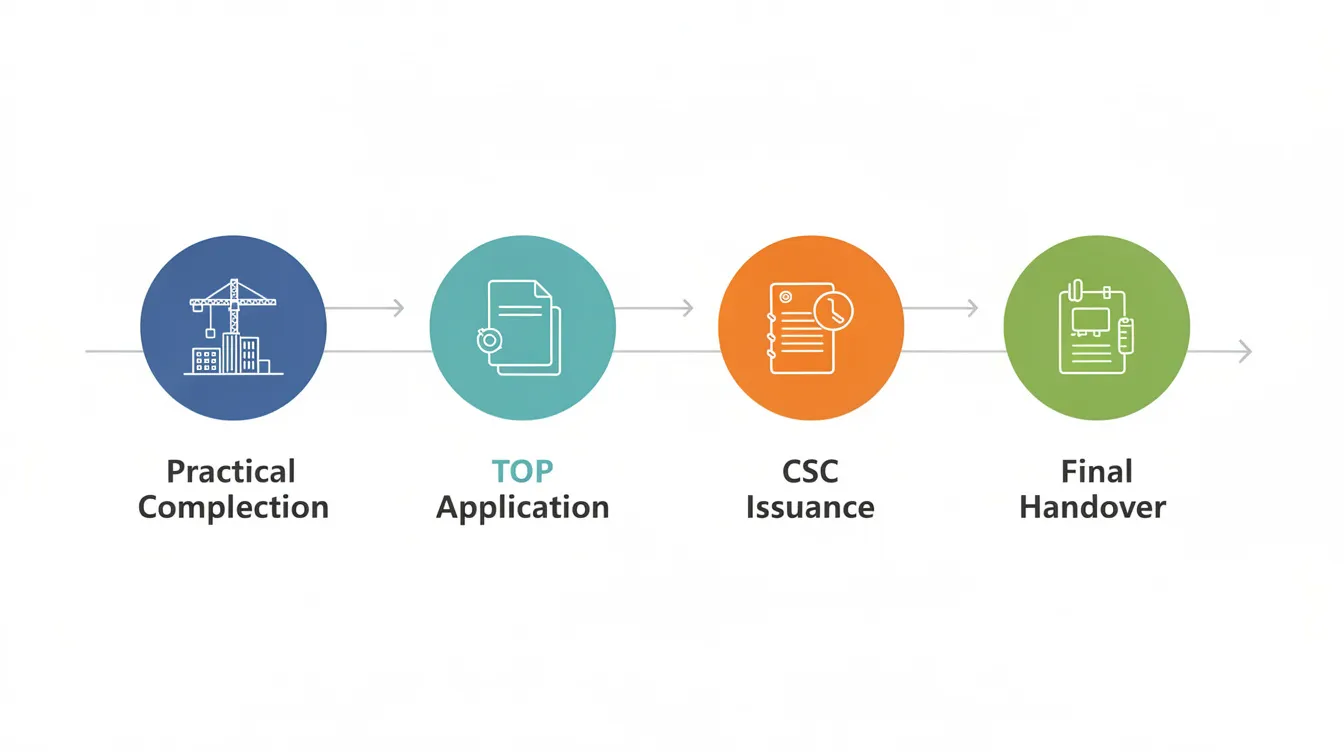 The image depicts a simple timeline diagram illustrating the progression from Practical Completion to the issuance of the Temporary Occupation Permit (TOP), followed by the Certificate of Statutory Completion (CSC) and final handover. Key phases include inspections by relevant agencies, compliance verification, and the submission of as-built plans, ensuring adherence to building and construction authority requirements.