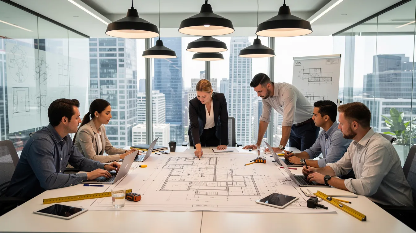 A diverse team of engineers and architects is gathered around a conference table, intently reviewing detailed building plans and discussing necessary approvals for their industrial project. They are focused on ensuring compliance with submission requirements from relevant authorities and preparing for the plan consent submission process.