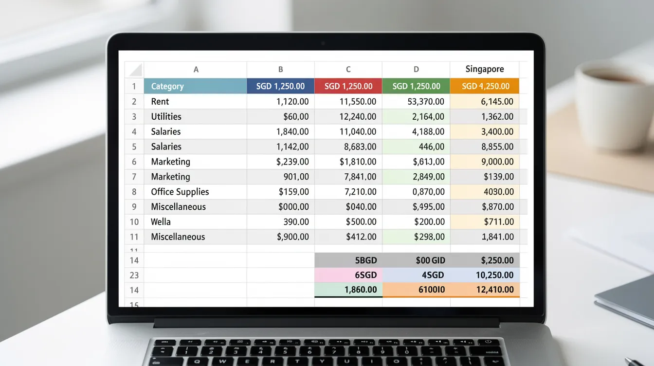 The image depicts a financial spreadsheet featuring a detailed cost breakdown categorized by various project types, with figures presented in Singapore dollars. This document is essential for project managers to estimate timelines and costs, ensuring accurate planning and submission for JTC approvals.