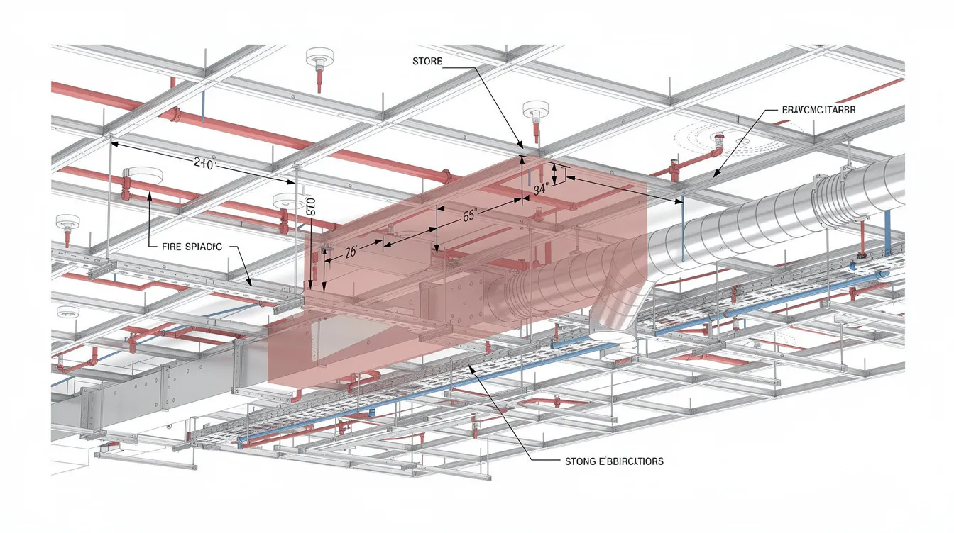 The image depicts an industrial ceiling grid annotated with key components such as sprinkler heads, smoke detectors, and ductwork, along with critical clearance dimensions indicating potential obstruction zones. This layout highlights essential elements for fire safety compliance and effective fire protection systems, ensuring adherence to fire safety regulations.