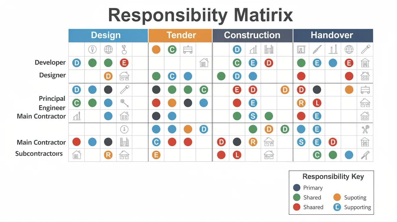 The image depicts a responsibility matrix that outlines the roles of various duty-holders, including the developer, designer, professional engineer, main contractor, and subcontractors, across different project stages such as design, tender, construction, and handover. This matrix emphasizes the importance of workplace safety and health, highlighting the need for safety training, risk assessments, and the implementation of appropriate control measures to ensure worker safety throughout the construction process.