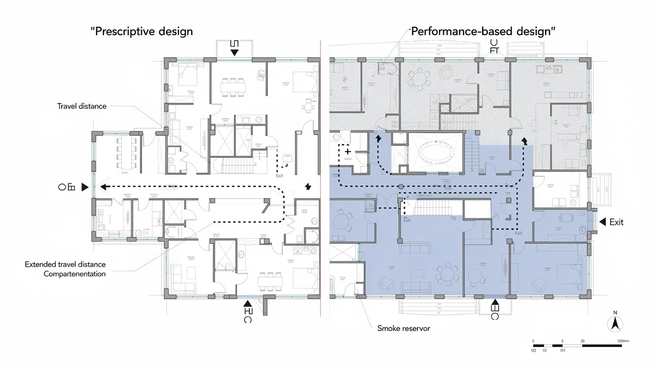 The image depicts an annotated floor plan illustrating typical performance-based fire safety features, such as extended travel distances and smoke reservoirs, in contrast to conventional prescriptive layout norms. This design emphasizes effective fire protection systems and compliance with fire safety regulations to ensure occupant safety and proper evacuation during emergency conditions.