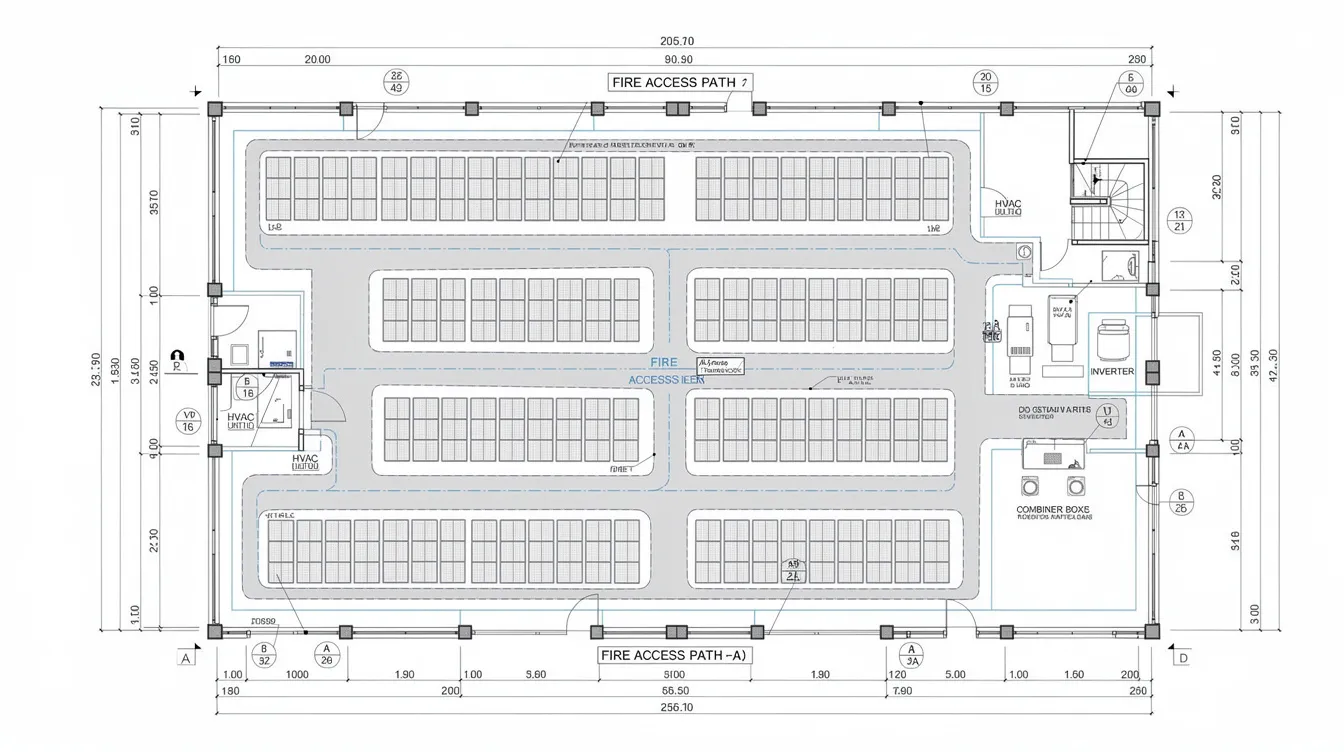 The image depicts a technical floor plan illustrating a rooftop solar array layout, featuring clearly marked fire access paths and designated equipment zones for solar panel installation. This layout supports the installation of solar panels in compliance with JTC's mandatory solar deployment requirements, ensuring both safety and efficiency in renewable energy generation.